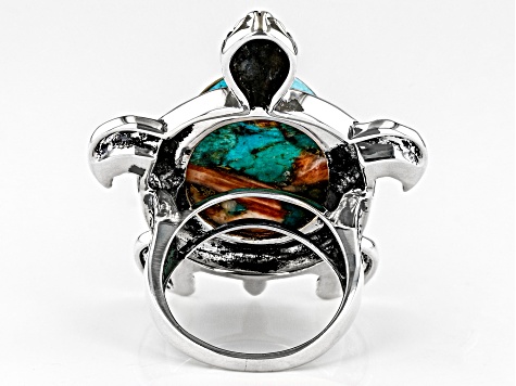 Pre-Owned Blended Orange Spiny Oyster Shell and Blue Turquoise Sterling Silver Turtle Ring