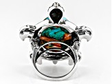 Pre-Owned Blended Orange Spiny Oyster Shell and Blue Turquoise Sterling Silver Turtle Ring