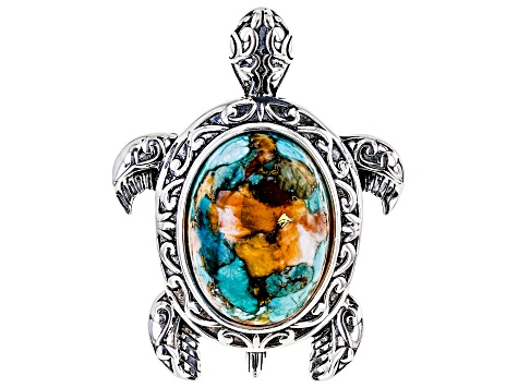 Pre-Owned Blended Orange Spiny Oyster Shell and Blue Turquoise Sterling Silver Turtle Ring