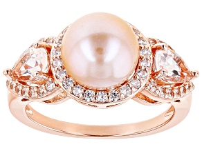 Pre-Owned Peach Cultured Freshwater Pearl With Morganite & White Zircon 18k Rose Gold Over Silver Ri