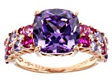 Pre-Owned Lab Created Ruby With Purple And White Cubic Zirconia 18k Rose Gold Over Silver Ring 7.96c