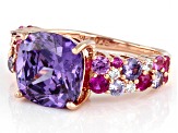Pre-Owned Lab Created Ruby With Purple And White Cubic Zirconia 18k Rose Gold Over Silver Ring 7.96c