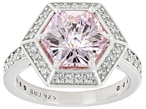 Pre-Owned Pink And White Cubic Zirconia Rhodium Over Sterling Silver Hexagon Cut Ring 6.88ctw