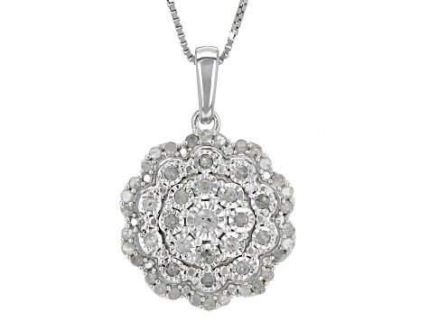 Pre-Owned White Diamond Rhodium Over Sterling Silver Cluster Pendant With 18" Box Chain 0.50ctw