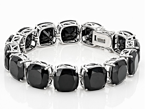 Pre-Owned Black Spinel Rhodium Over Sterling Silver Tennis Bracelet 120.00ctw