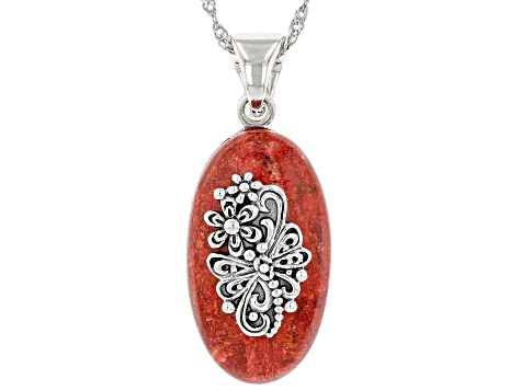 Pre-Owned Red Coral Sterling Silver Dragonfly Pendant With 18" Chain