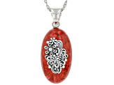 Pre-Owned Red Coral Sterling Silver Dragonfly Pendant With 18" Chain