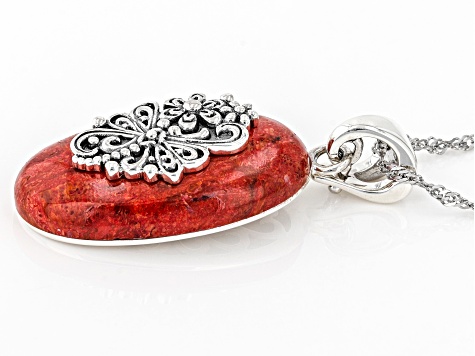 Pre-Owned Red Coral Sterling Silver Dragonfly Pendant With 18" Chain