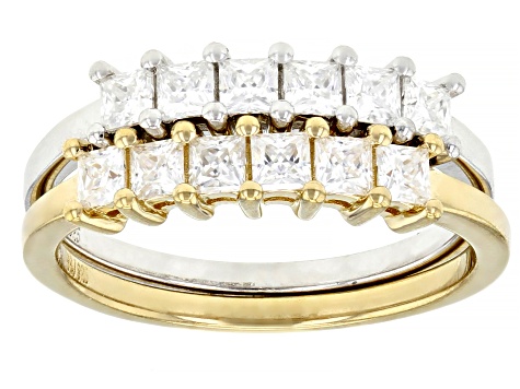 Pre-Owned Moissanite Platineve And14k yellow gold over silver ring set of two bands 1.20ctw DEW