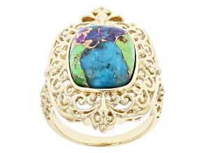 Pre-Owned Multi-Color Mohave Turquoise 18k Yellow Gold Over Sterling Silver Solitaire Ring.