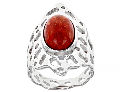 Pre-Owned Red Sponge Coral Rhodium Over Sterling Silver Ring