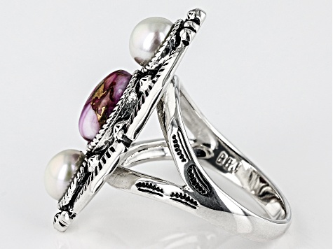 Pre-Owned Purple Spiny Oyster Shell And Cultured Freshwater Pearl Sterling Silver Ring