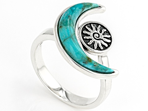 Pre-Owned Blue Turquoise Crescent Moon Rhodium Over Silver Ring