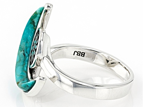 Pre-Owned Blue Turquoise Crescent Moon Rhodium Over Silver Ring