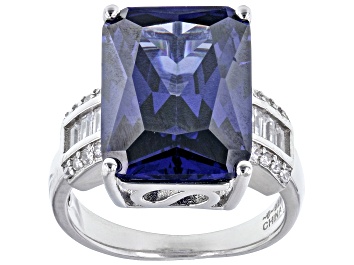 Picture of Pre-Owned Blue And White Cubic Zirconia Rhodium Over Sterling Silver Ring 17.25ctw
