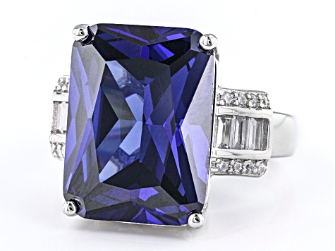 Pre-Owned Blue And White Cubic Zirconia Rhodium Over Sterling Silver Ring 17.25ctw