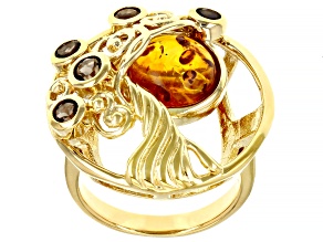 Pre-Owned Orange Amber & Smoky Quartz 18K Yellow  Gold Over Silver Tree Of Life Ring 0.49ctw