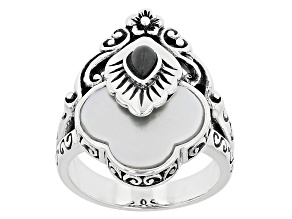 Pre-Owned White Mother-Of-Pearl and Charcoal Jadeite Sterling Silver Ring