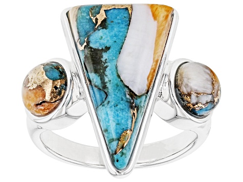 Pre-Owned Blue Blended Turquoise with Spiny Oyster Shell Rhodium Over Sterling Silver Ring