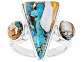 Pre-Owned Blue Blended Turquoise with Spiny Oyster Shell Rhodium Over Sterling Silver Ring