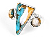 Pre-Owned Blue Blended Turquoise with Spiny Oyster Shell Rhodium Over Sterling Silver Ring