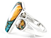 Pre-Owned Blue Blended Turquoise with Spiny Oyster Shell Rhodium Over Sterling Silver Ring