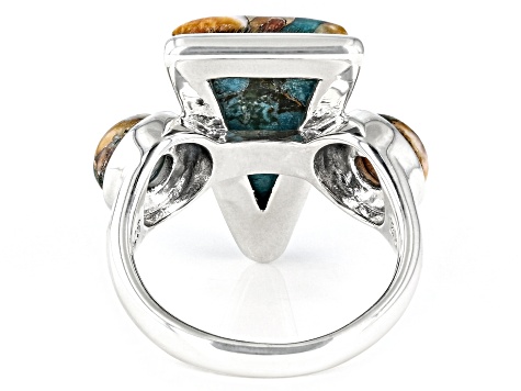 Pre-Owned Blue Blended Turquoise with Spiny Oyster Shell Rhodium Over Sterling Silver Ring