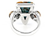 Pre-Owned Blue Blended Turquoise with Spiny Oyster Shell Rhodium Over Sterling Silver Ring