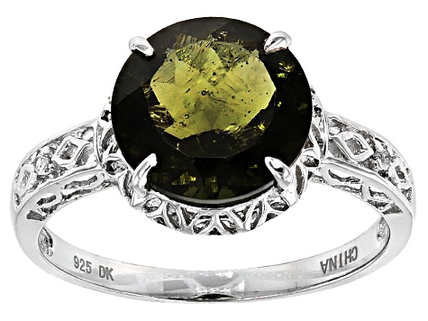 Pre-Owned Green Moldavite And White Zircon Rhodium Over Sterling Silver Ring 2.34ctw