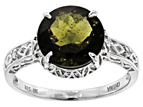 Pre-Owned Green Moldavite And White Zircon Rhodium Over Sterling Silver Ring 2.34ctw