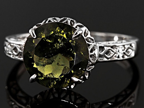 Pre-Owned Green Moldavite And White Zircon Rhodium Over Sterling Silver Ring 2.34ctw