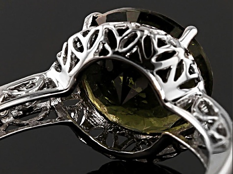 Pre-Owned Green Moldavite And White Zircon Rhodium Over Sterling Silver Ring 2.34ctw