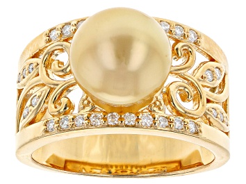 Picture of Pre-Owned Golden Cultured South Sea Pearl With Moissanite 18k Yellow Gold Over Sterling Silver Ring