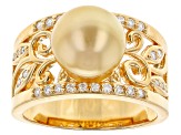 Pre-Owned Golden Cultured South Sea Pearl With Moissanite 18k Yellow Gold Over Sterling Silver Ring