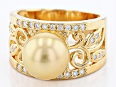 Pre-Owned Golden Cultured South Sea Pearl With Moissanite 18k Yellow Gold Over Sterling Silver Ring