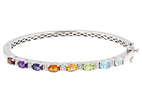 Pre-Owned Multi-Color Multi-Gemstone Rhodium Over Sterling Silver Bangle 3.37ctw