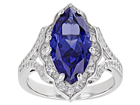 Pre-Owned Blue And White Cubic Zirconia Rhodium Over Sterling Silver Ring 6.60ctw