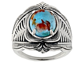 Pre-Owned Blended Turquoise and Spiny Oyster Shell Rhodium Over Sterling Silver Ring