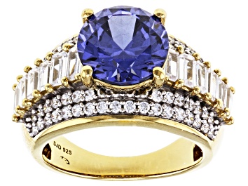 Picture of Pre-Owned Blue And White Cubic Zirconia 18k Yellow Gold Over Sterling Silver Ring 8.65ctw
