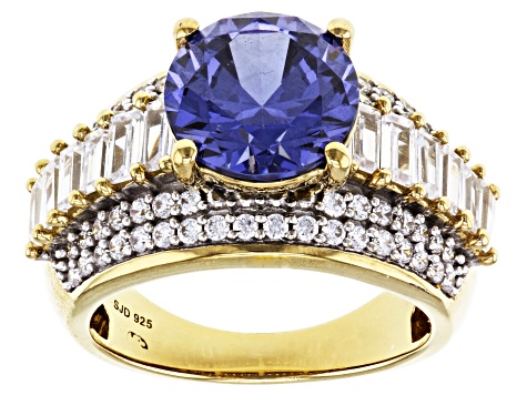 Pre-Owned Blue And White Cubic Zirconia 18k Yellow Gold Over Sterling Silver Ring 8.65ctw