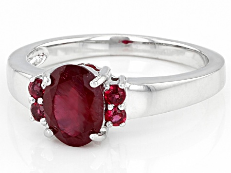 Pre-Owned Red Oval Mahaleo(R) Ruby With Round Red Spinel Rhodium Over Sterling Silver Ring. 1.65ctw