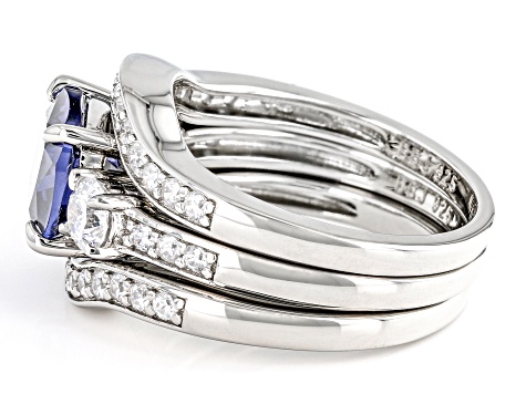 Pre-Owned Blue And White Cubic Zirconia Rhodium Over Sterling Silver 3 Ring Set 5.58ctw