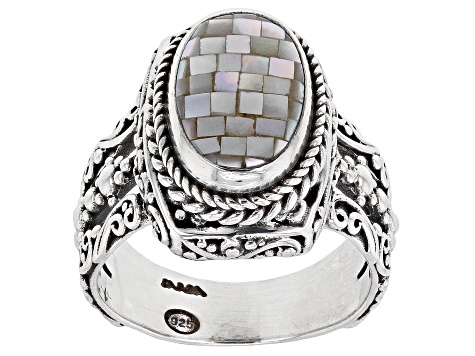 Pre-Owned Multi-Color Mosaic Mother-of-Pearl Silver Ring
