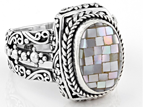 Pre-Owned Multi-Color Mosaic Mother-of-Pearl Silver Ring