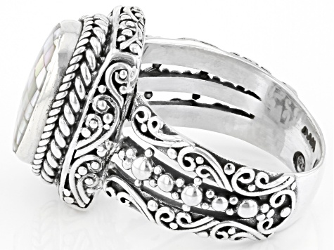 Pre-Owned Multi-Color Mosaic Mother-of-Pearl Silver Ring