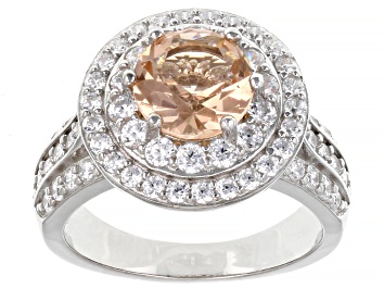 Picture of Pre-Owned Morganite Simulant And White Cubic Zirconia Rhodium Over Sterling Silver Ring 4.57ctw