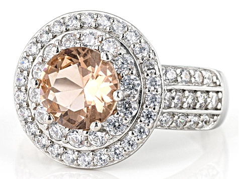 Pre-Owned Morganite Simulant And White Cubic Zirconia Rhodium Over Sterling Silver Ring 4.57ctw
