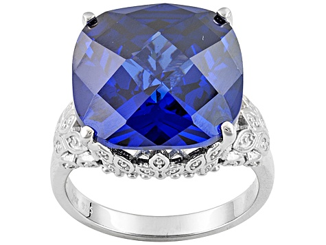 Pre-Owned Blue And White Cubic Zirconia Silver Ring 30.00ctw