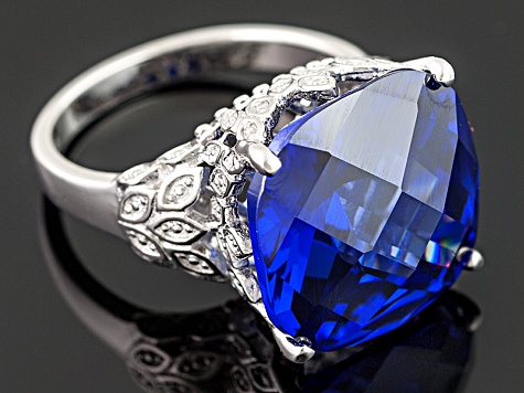 Pre-Owned Blue And White Cubic Zirconia Silver Ring 30.00ctw