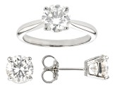 Pre-Owned Moissanite Platineve Ring And Stud Earrings Jewelry Set 3.60ctw DEW